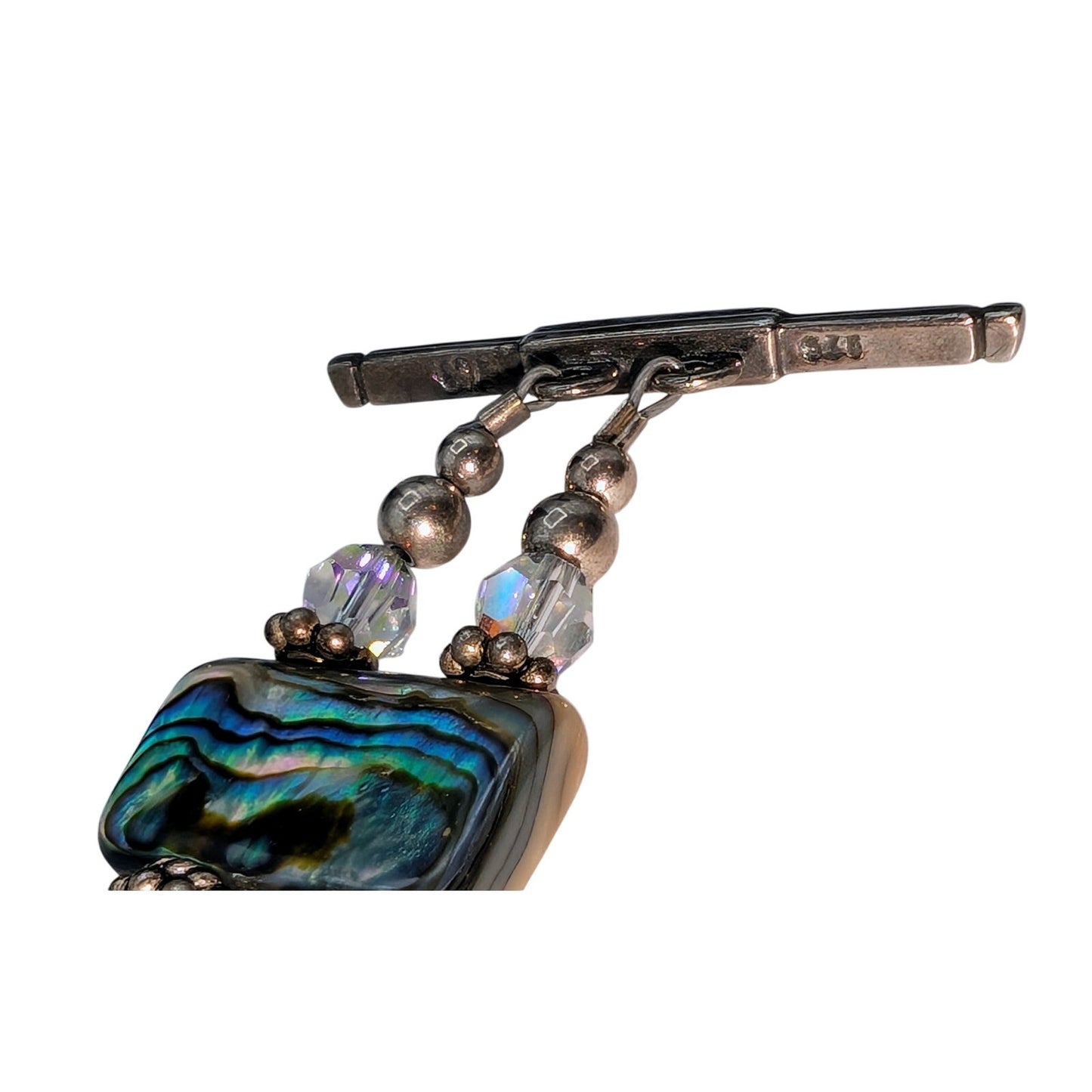 Signed Abalone Shell Chunks AB Crystal Sterling Beaded Toggle Clasp Bracelet