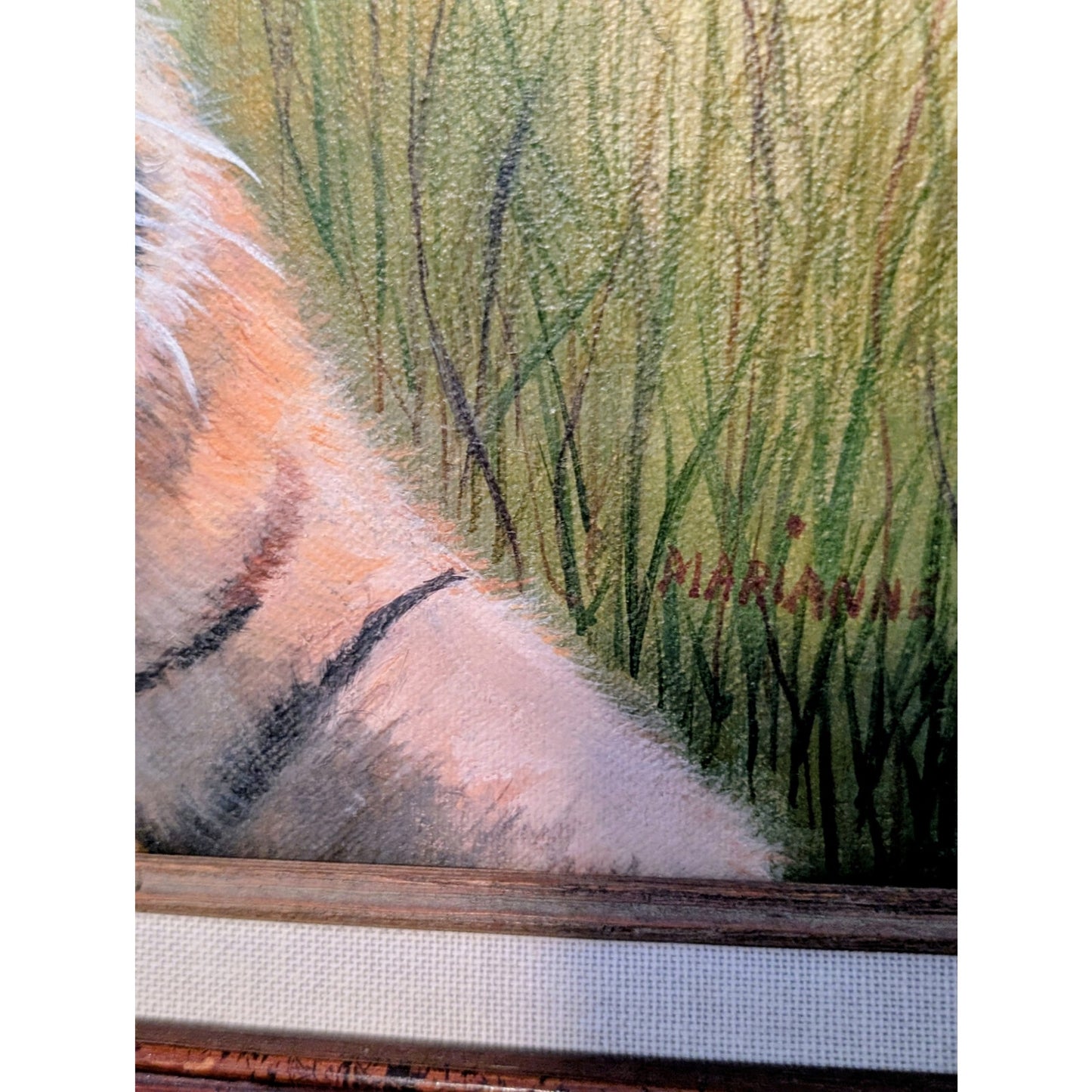 Vintage Original Wood Framed Tiger Painting on Canvas Signed Marianne