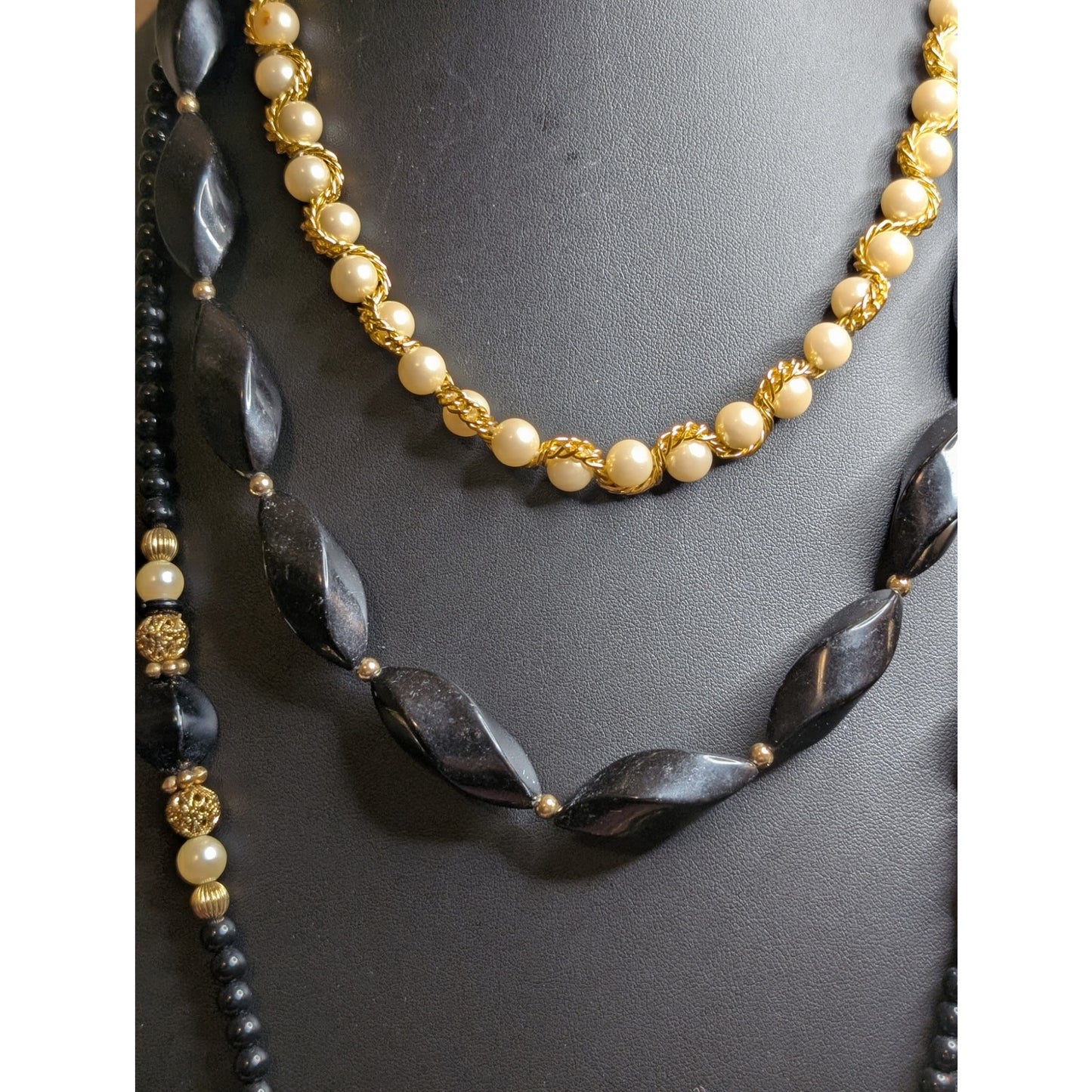 Lot of Three Cream Black Gold Layering Necklaces