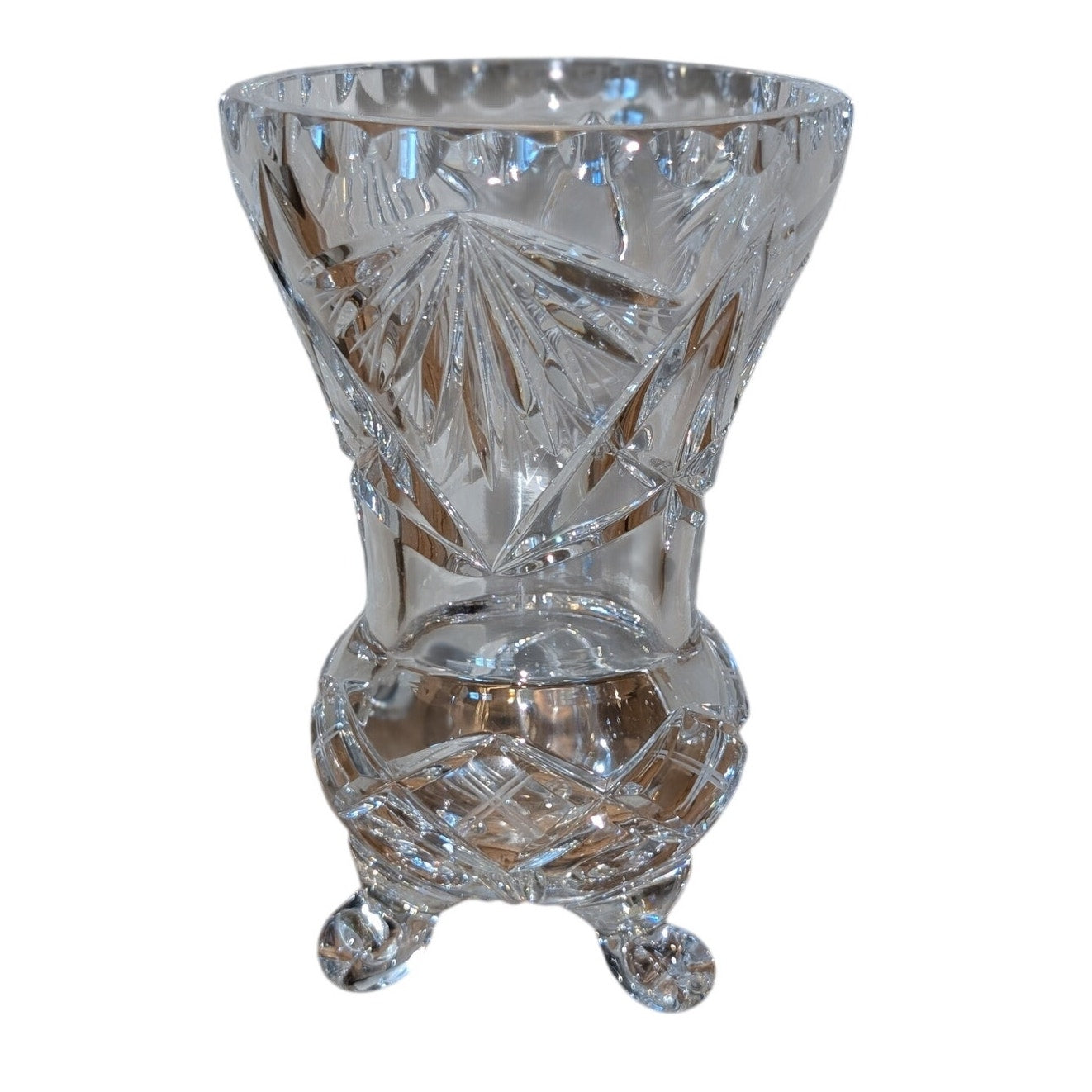 Gorgeous Vintage Cut Crystal Tripod Footed Scalloped Mouth Flower Vase
