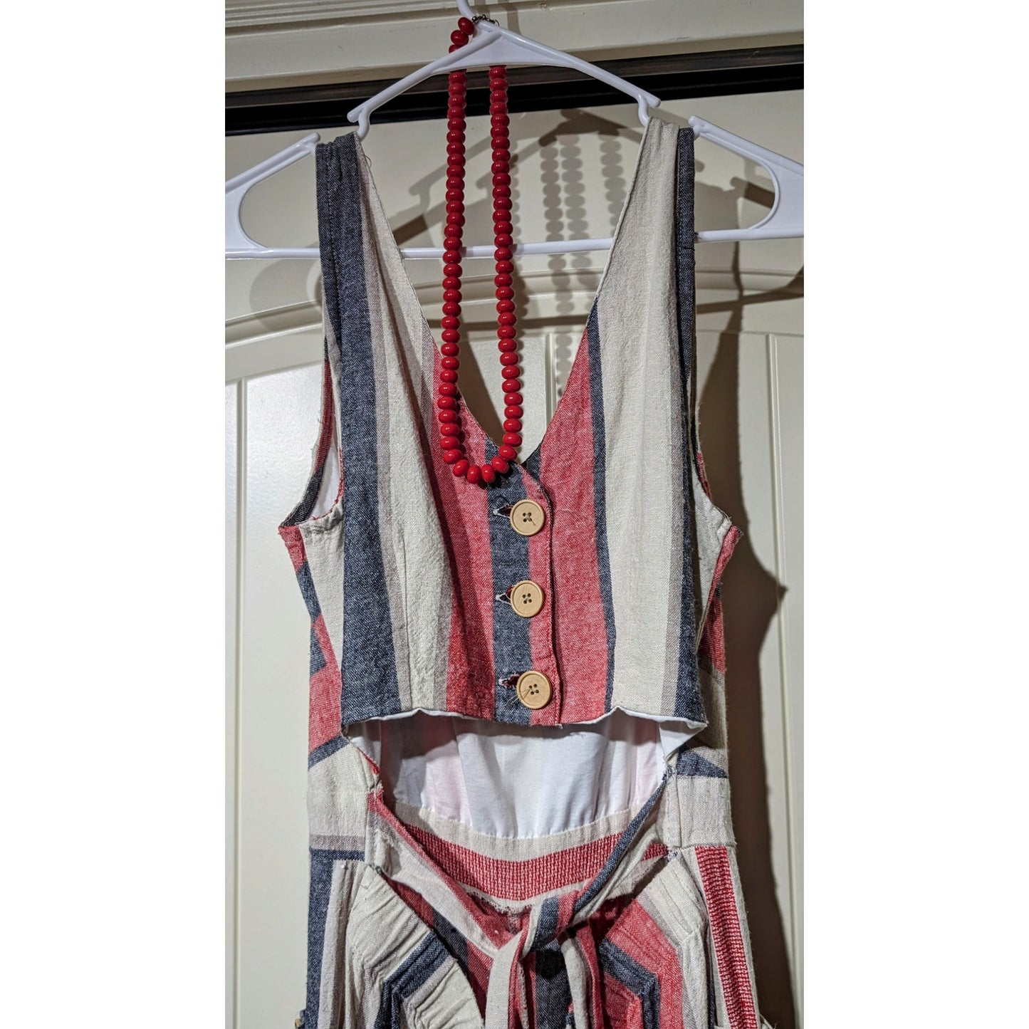 Indigo Rein Linen Blend Stripe Cut Out Tie Back Jumpsuit Womens Sz M