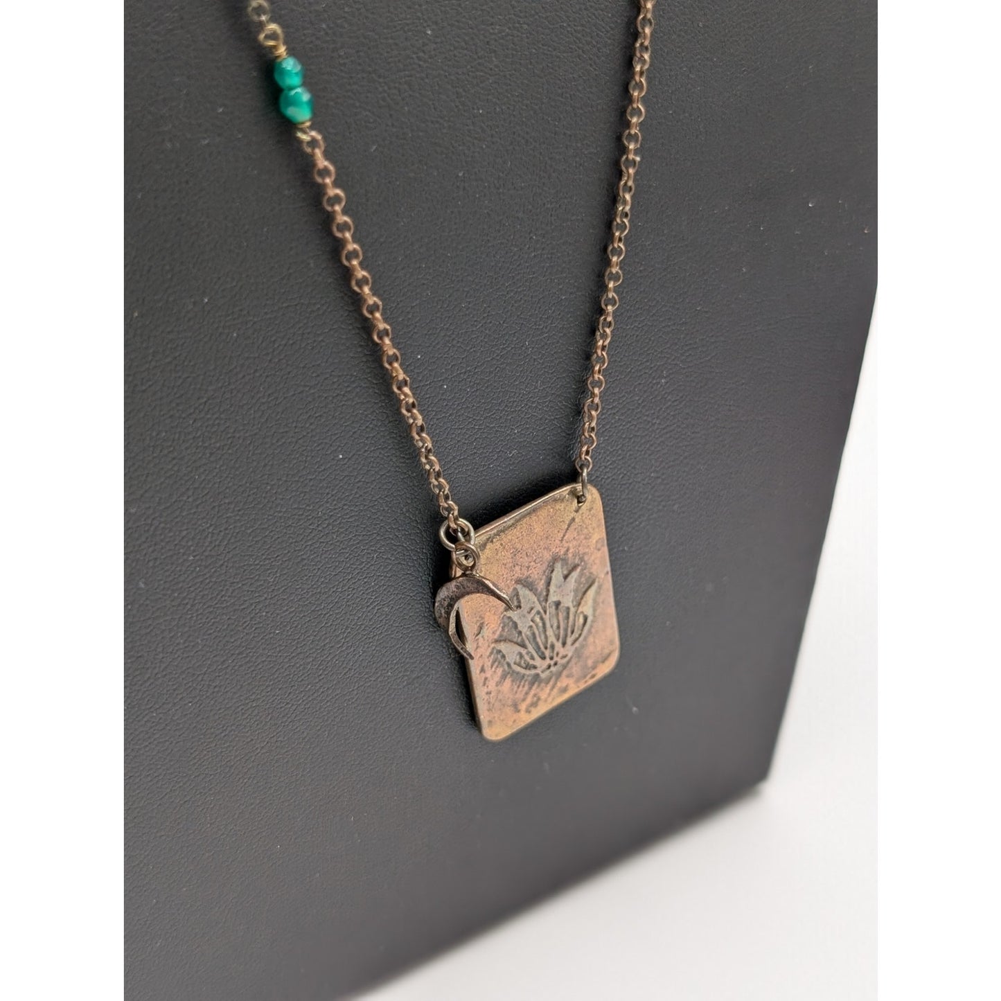 Rustic Antiqued Copper Look Flower Moon May Pendant Chain Long Necklace