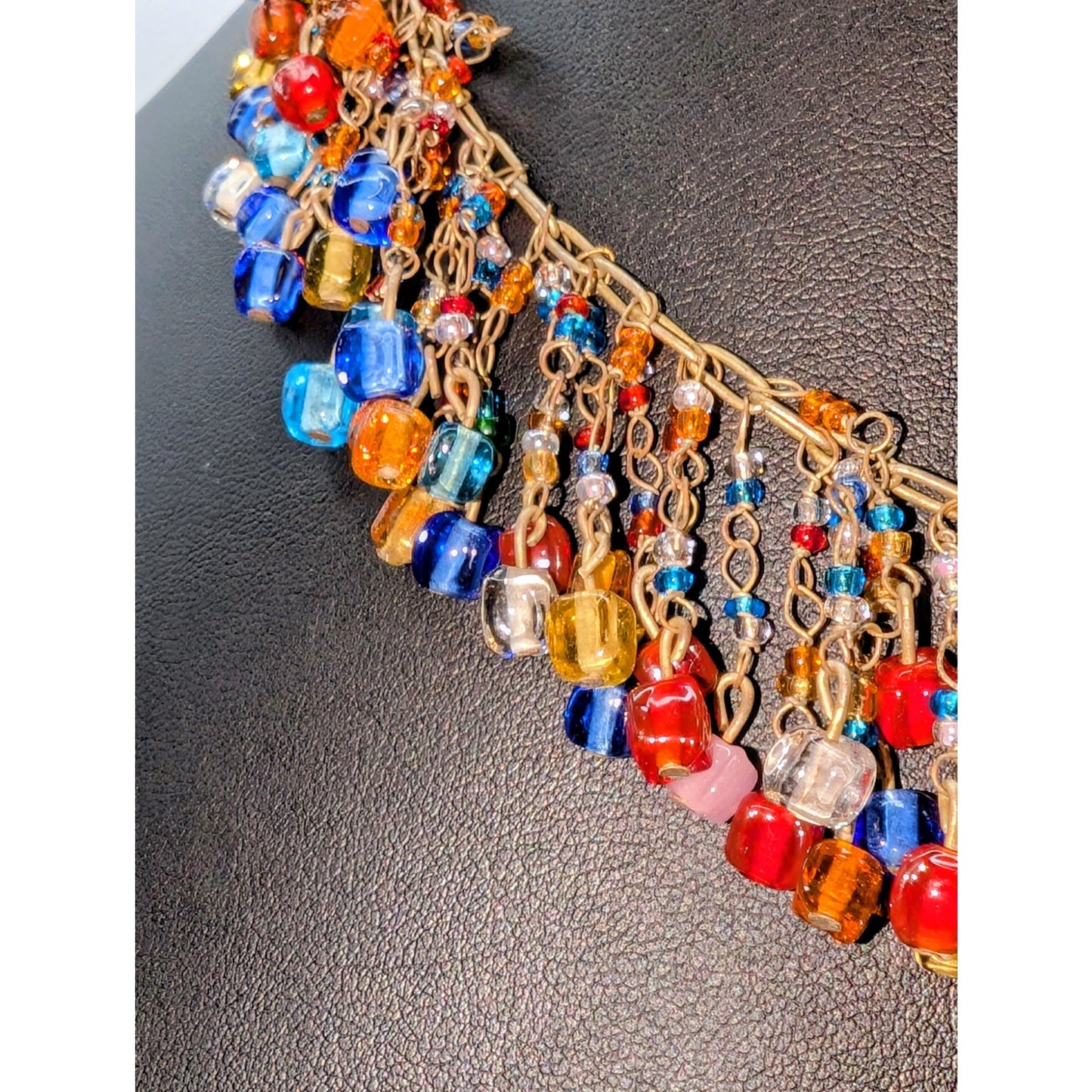 VTG Signed 'ZAD Murano Glass Style Cube Rainbow Beaded Fringe Collar Necklace