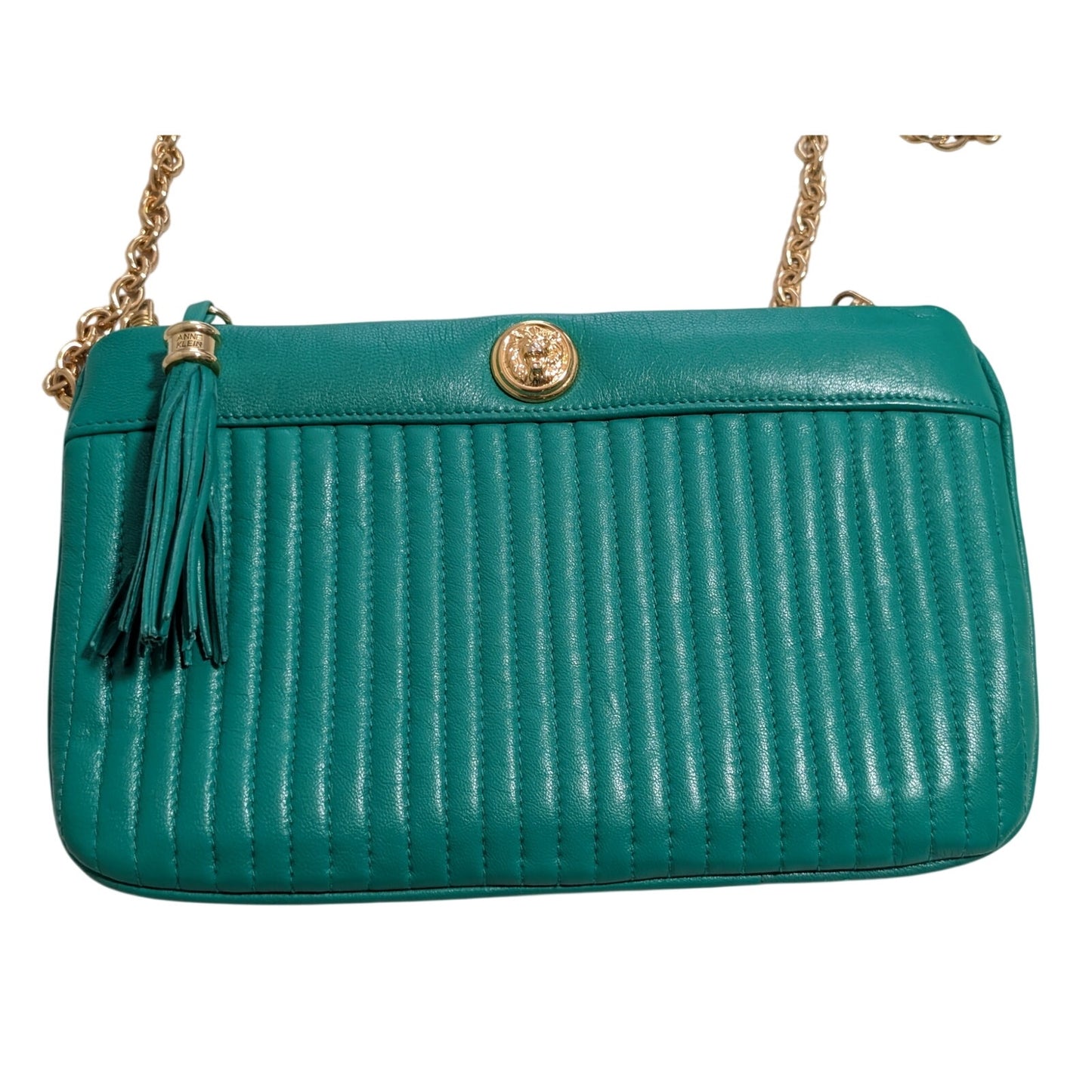 Anne Klein Cauldron Vintage Green Quilted Leather Chain Strap Lion Logo Handbag