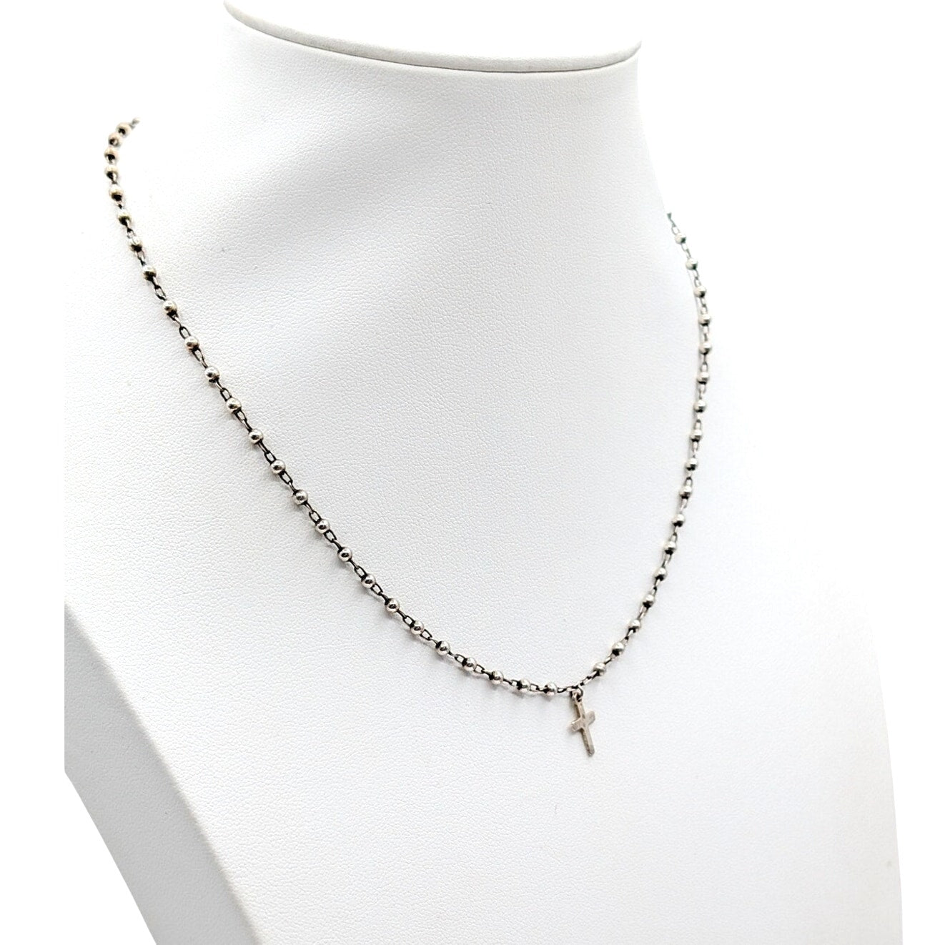 Vintage 925 Sterling Beaded Chain Tiny Cross Pendant Choker 16" Necklace