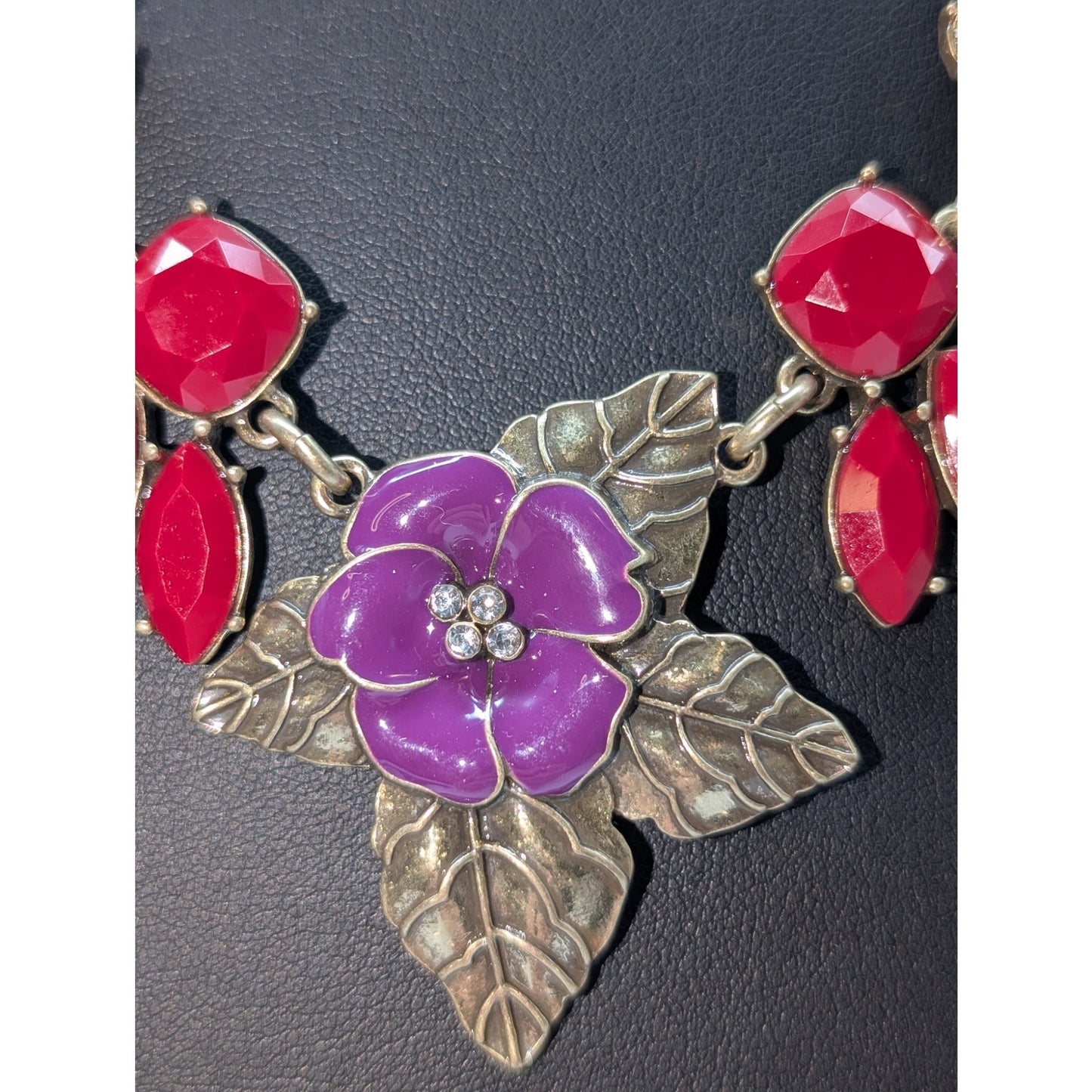 The Delta Box Red Bead Rhinestone Purple Enamel Flower Statement Necklace