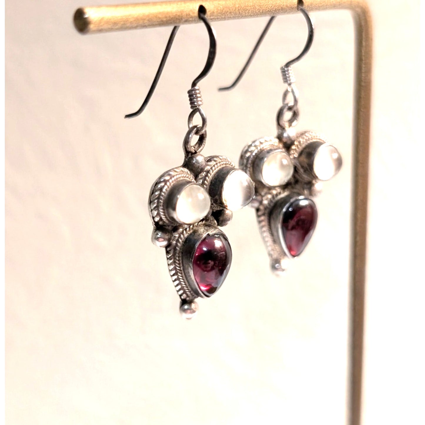 VTG Garnet (January Birthstone)  & Quartz 925 Sterling Silver Dangle Earrings