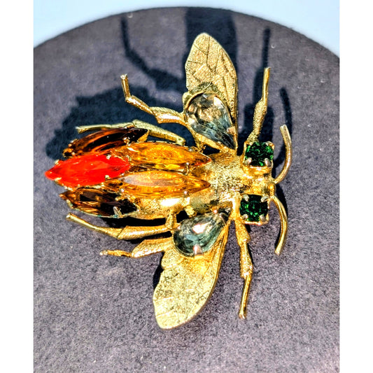 Vintage Gold Orange Green Rhinestone Bug Brooch