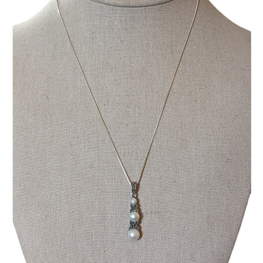 Vintage JC 925 Sterling Marcasite Faux Pearl Past Present Future Necklace