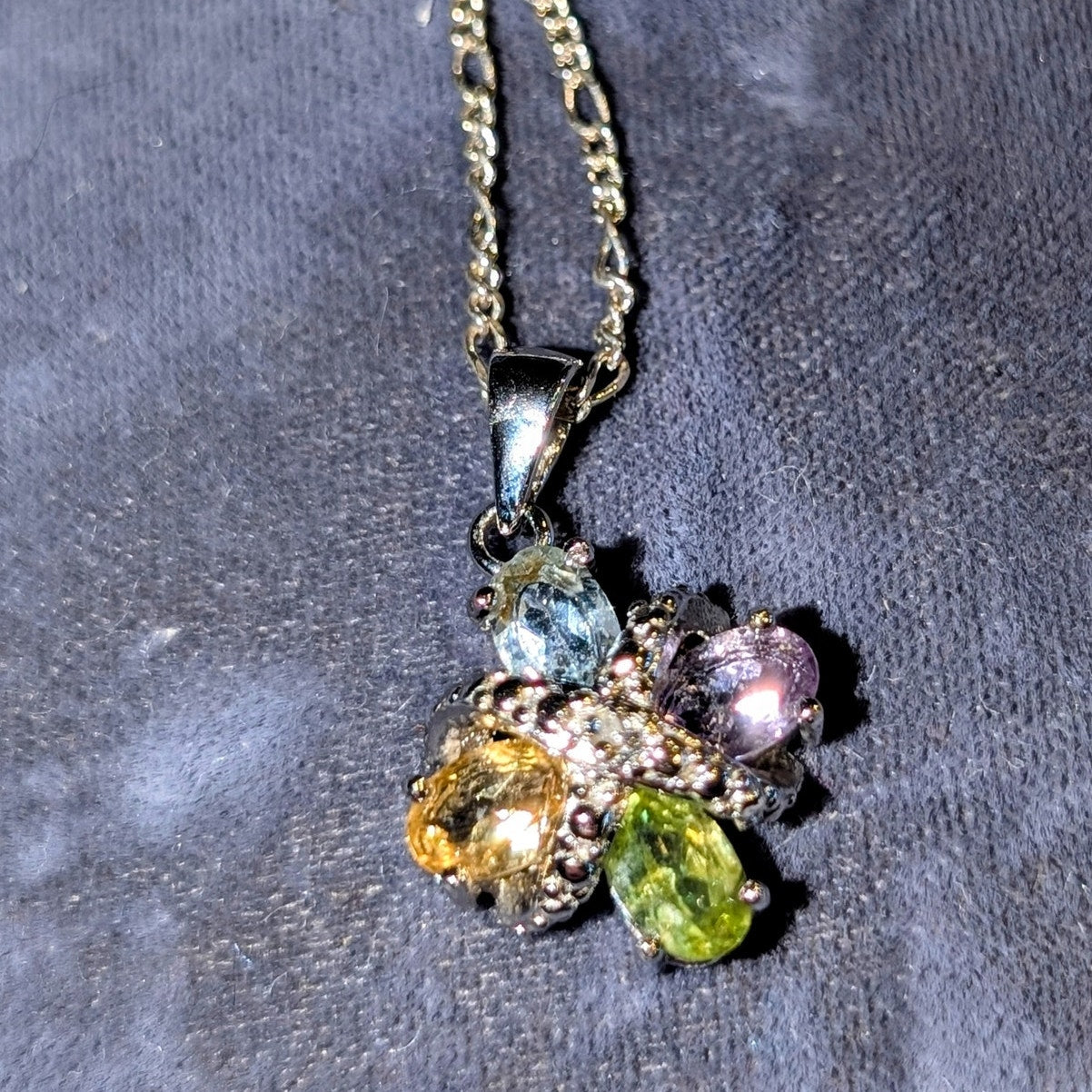 Vintage 925 Sterling Silver 4 Oval Gemstone & Diamond Figaro Chain Necklace