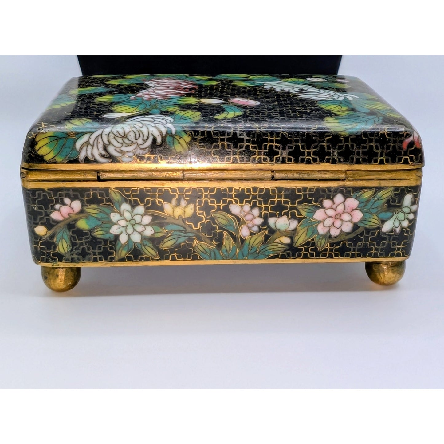 Antique Small Chinese Black Cloisonne Brass Footed circa 1900 Hinged Trinket Box