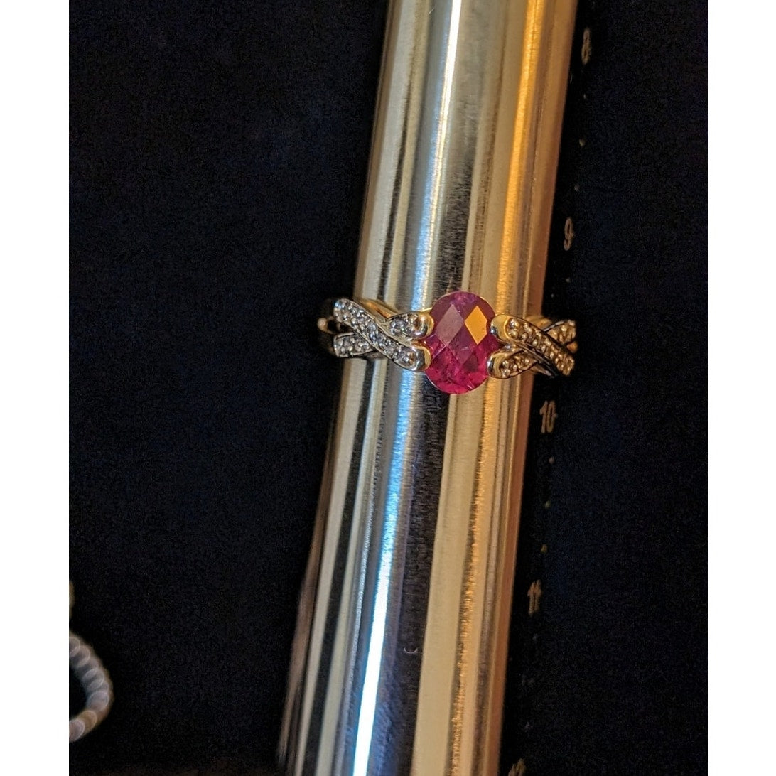 14K Gold Natural Pink Tourmaline & Diamond Criss Cross Band Ring Size 9.5