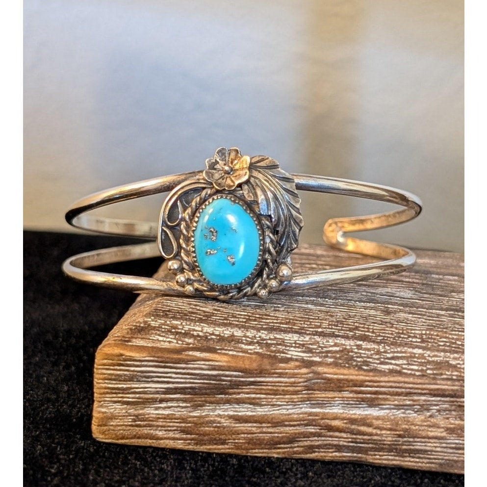 Vintage Signed SM Native Turquoise Rose Leaf Split Band Sterling Cuff Bracelet