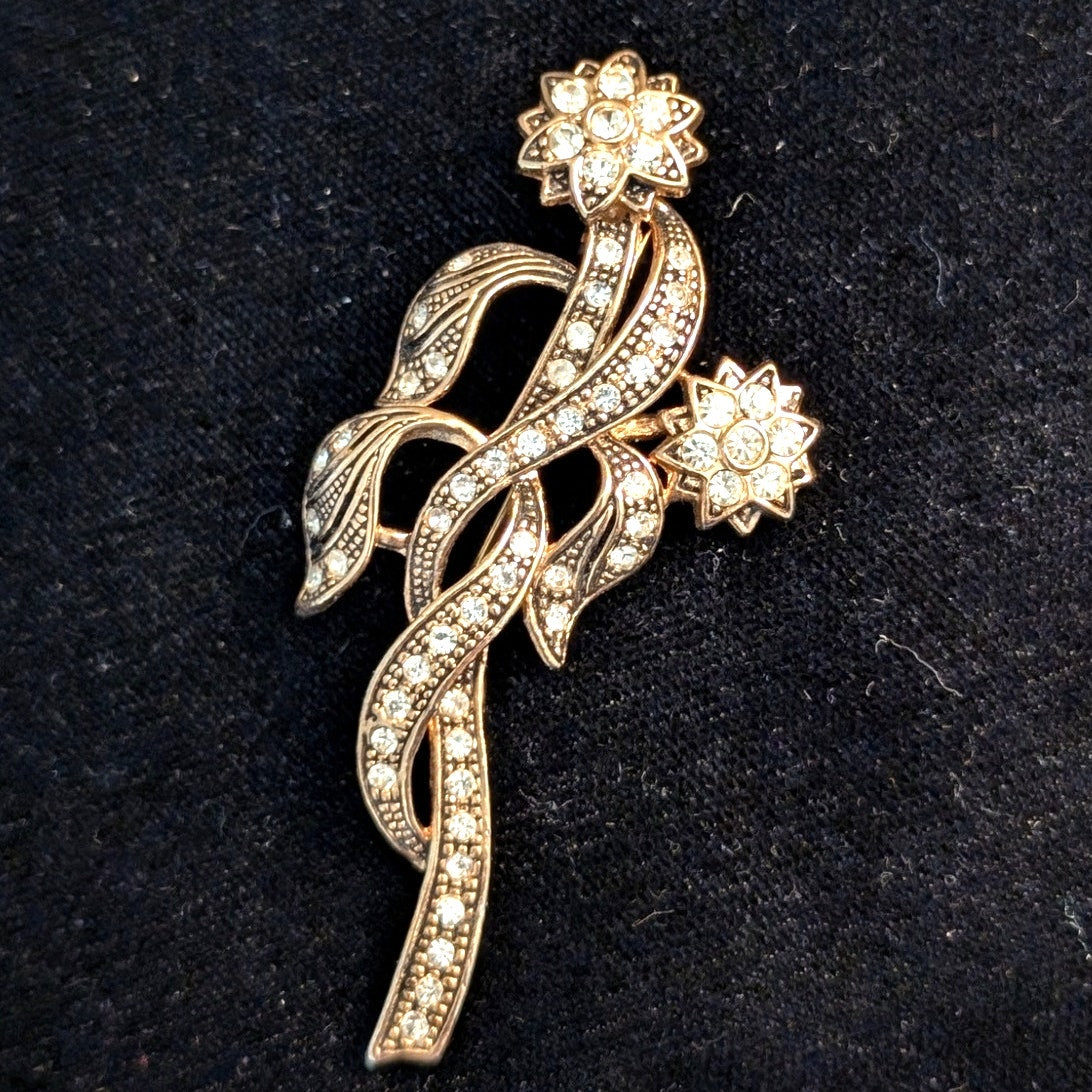 Vintage Gold Tone Two Flower Rhinestone  Brooch