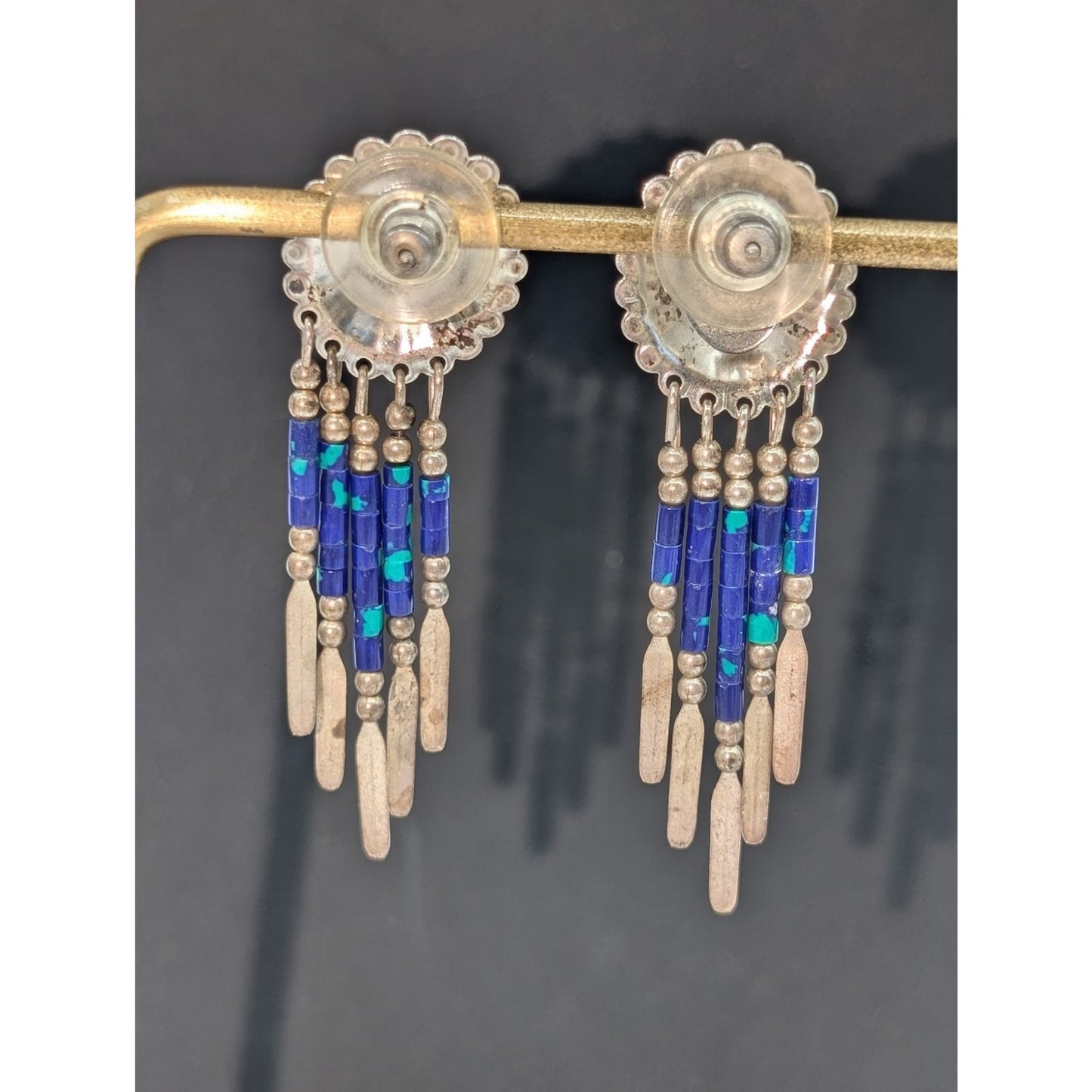 Vintage QT Sterling Native American Azurite Dangle Post Earrings