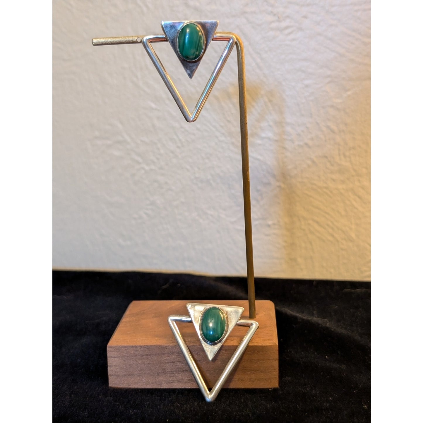 Vintage Navajo Handmade Sterling Silver Malachite Geometric Large Earrings