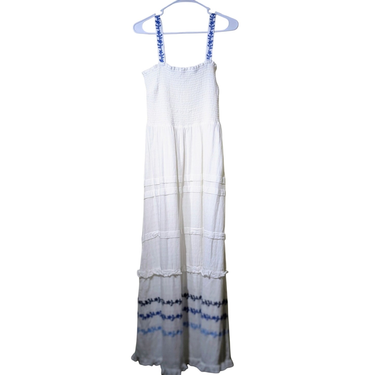 Draper James RSVP White Blue Embroidered Smocked Bodice Tiered Maxi Dress Sz XL