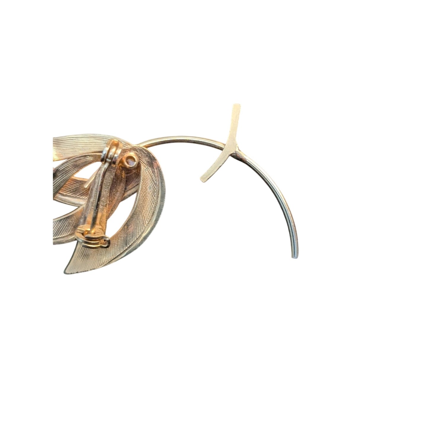 Vintage Gold Tone Textured Three Leaf Faux Pearl Brooch
