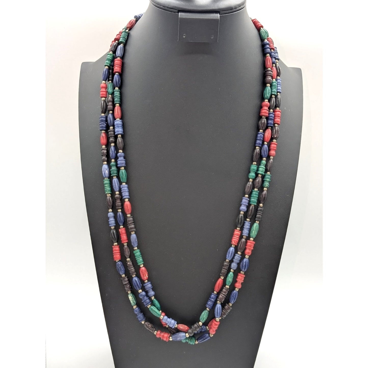 Vintage Triple Strand Jewel Tone Tribal Resin Bead Hook Clasp 30" Necklace