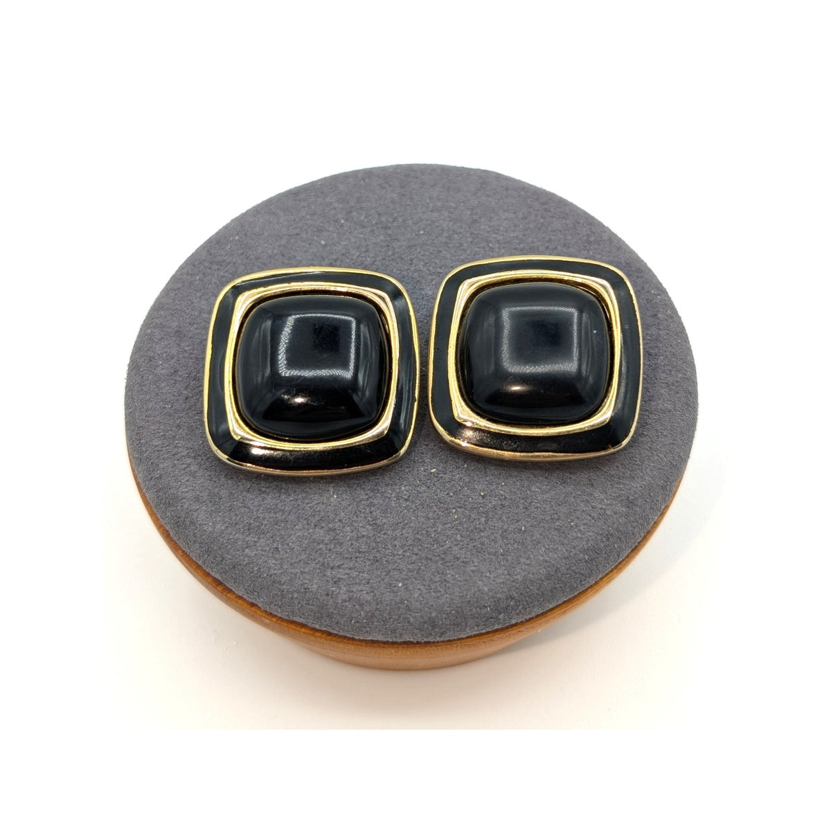 Vintage Black & Gold Tone Square Clip On Earrings