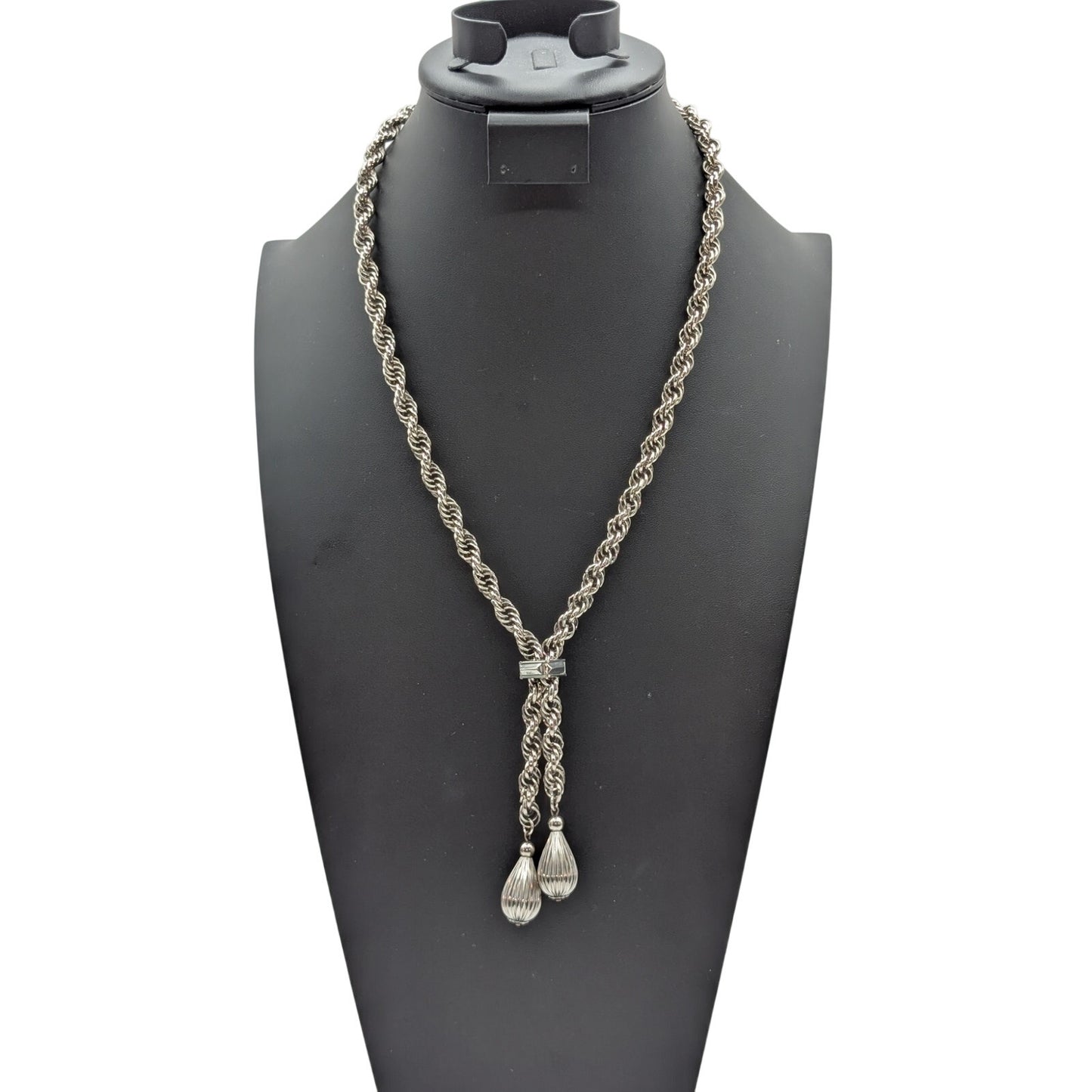 VTG Silver Tone Thick Rope Chain Slide Lariat Teardrop Dangles 27" Necklace