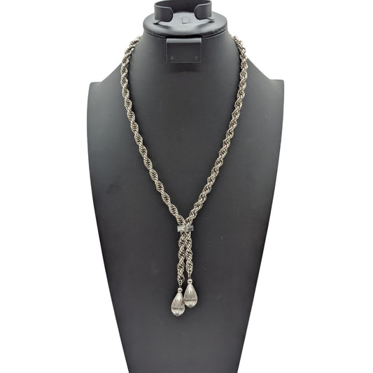 VTG Silver Tone Thick Rope Chain Slide Lariat Teardrop Dangles 27" Necklace