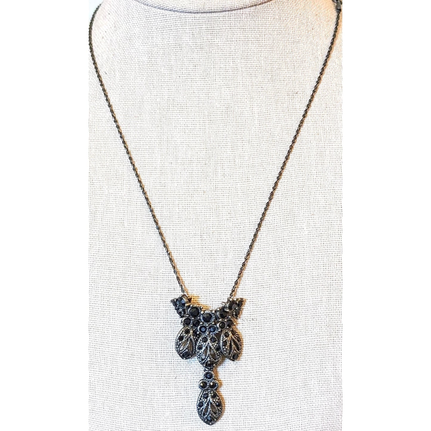 Black Crystal Charm Gun Metal Chain Necklace