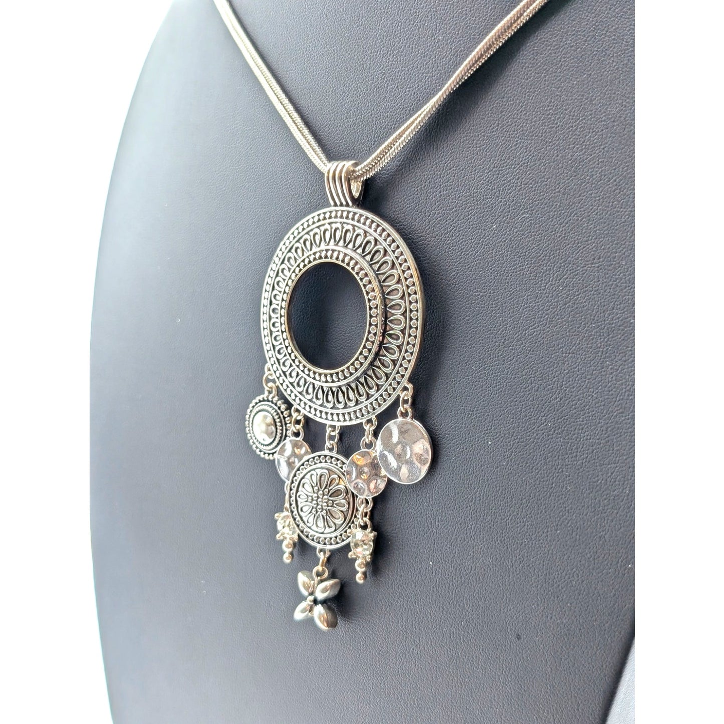 Hallmark 'V' 35"-38" Plus 4" Dangle Pendant Double Chain Silver Tone Necklace