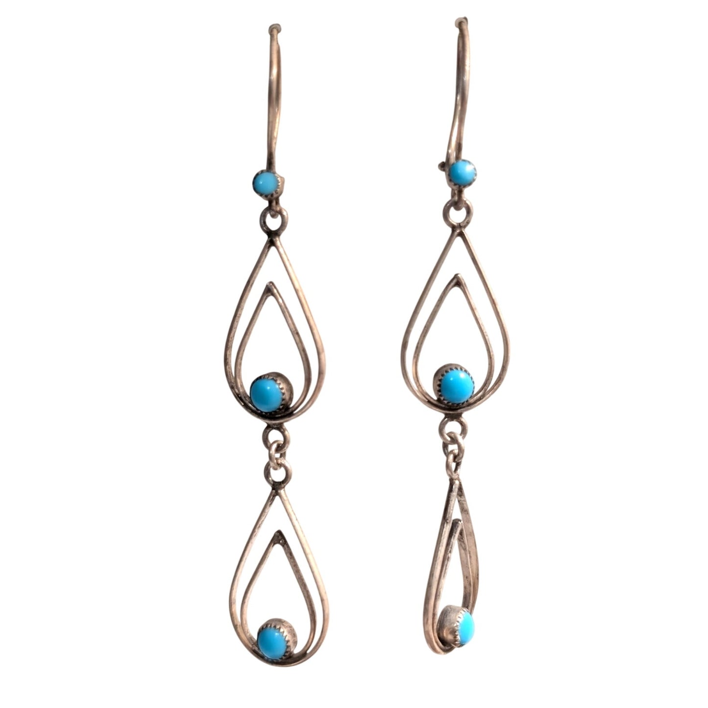 Vintage Petit Point Turquoise 925 Sterling Silver Dangle Kidney Wire Earrings