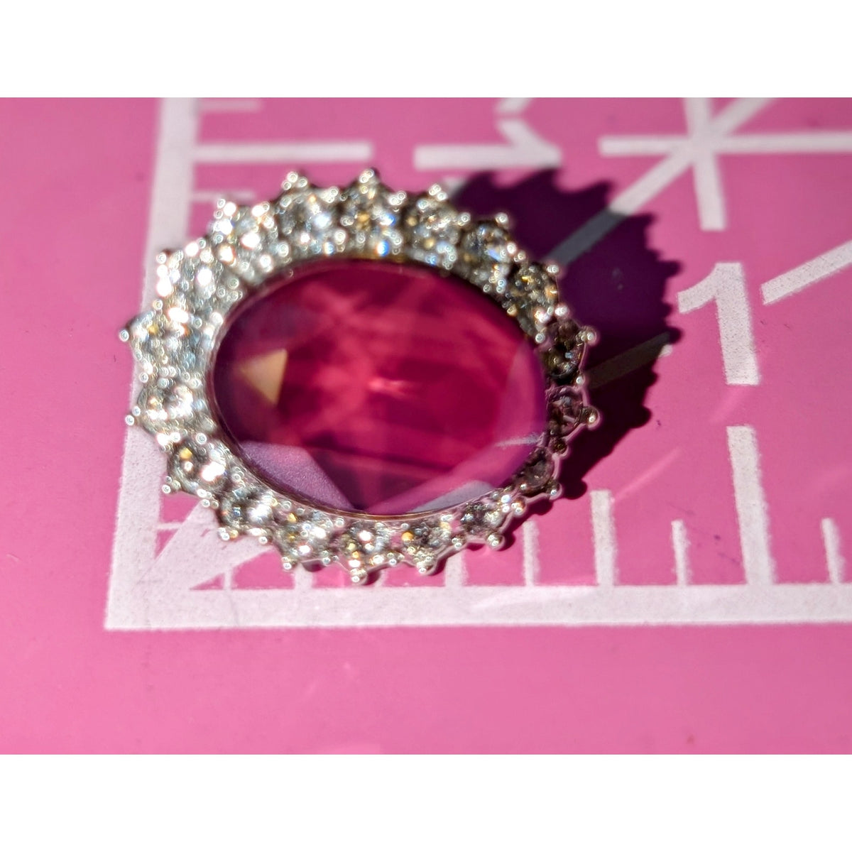 Deep Mauve Oval Faceted Glass Stone W/ CZ Halo Surround Silver Tone Earrings