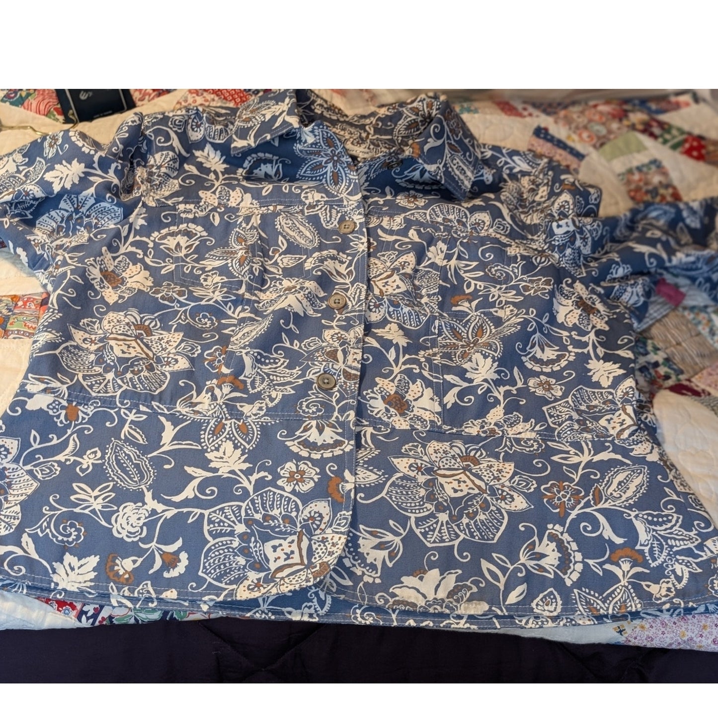 Coldwater Creek Dusty Blue Khaki Cream Floral Button Front Jacket Women's Sz 1X