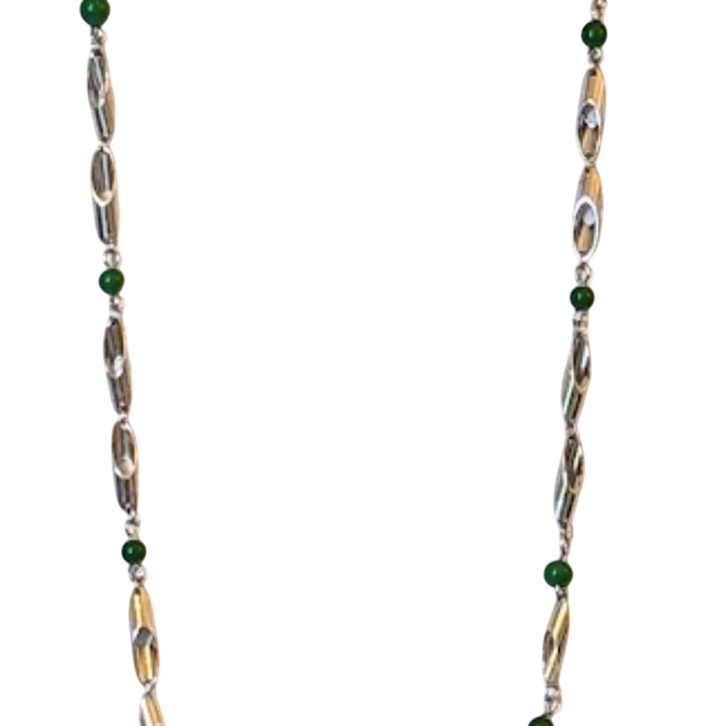 Vintage Barrel Clasp Silver Tone Tubular Green Bead Lightweight 30" Necklace