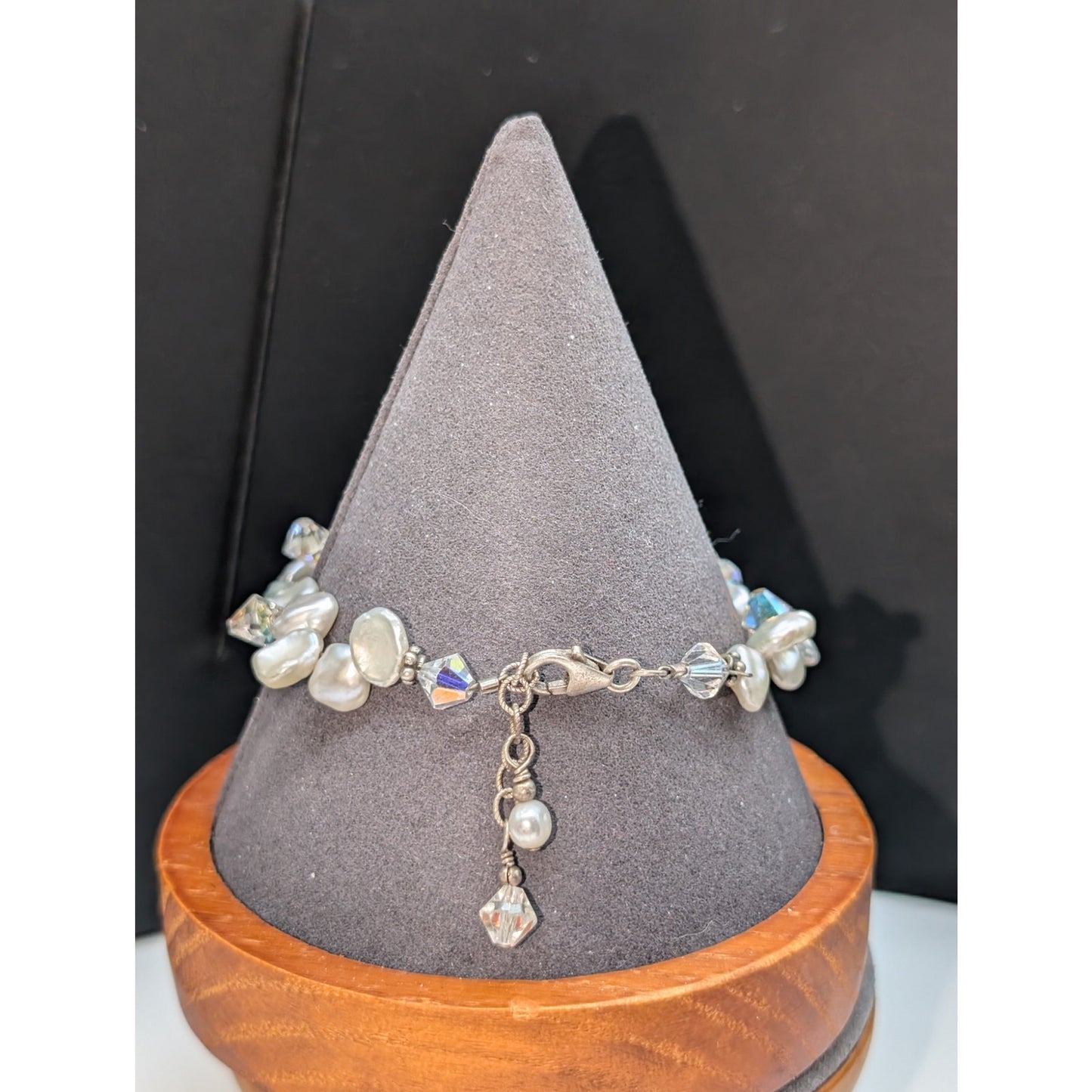 925 Sterling Silver Genuine Pearl Austrian AB Crystal W/ Dangles Bracelet