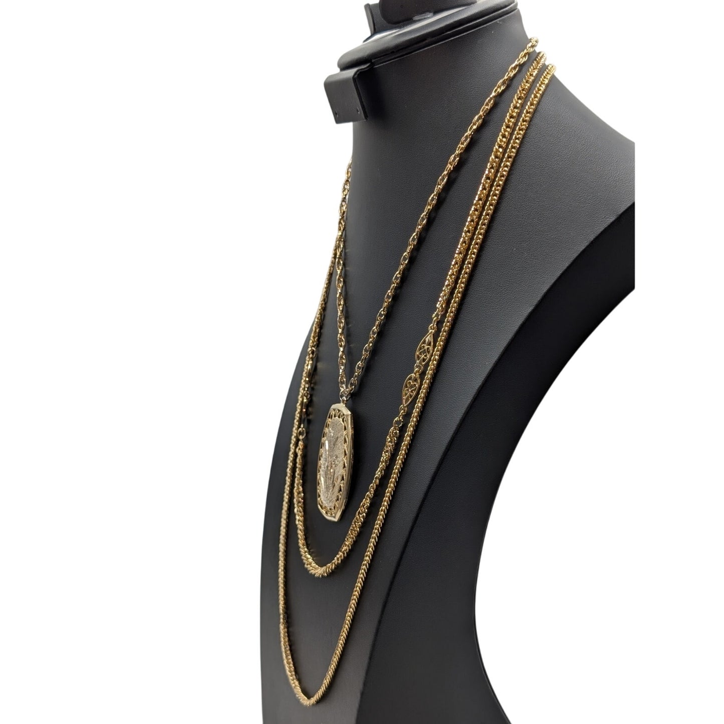 Vintage Gold Tone Triple Strand Layered Chain Pendant 32" Necklace