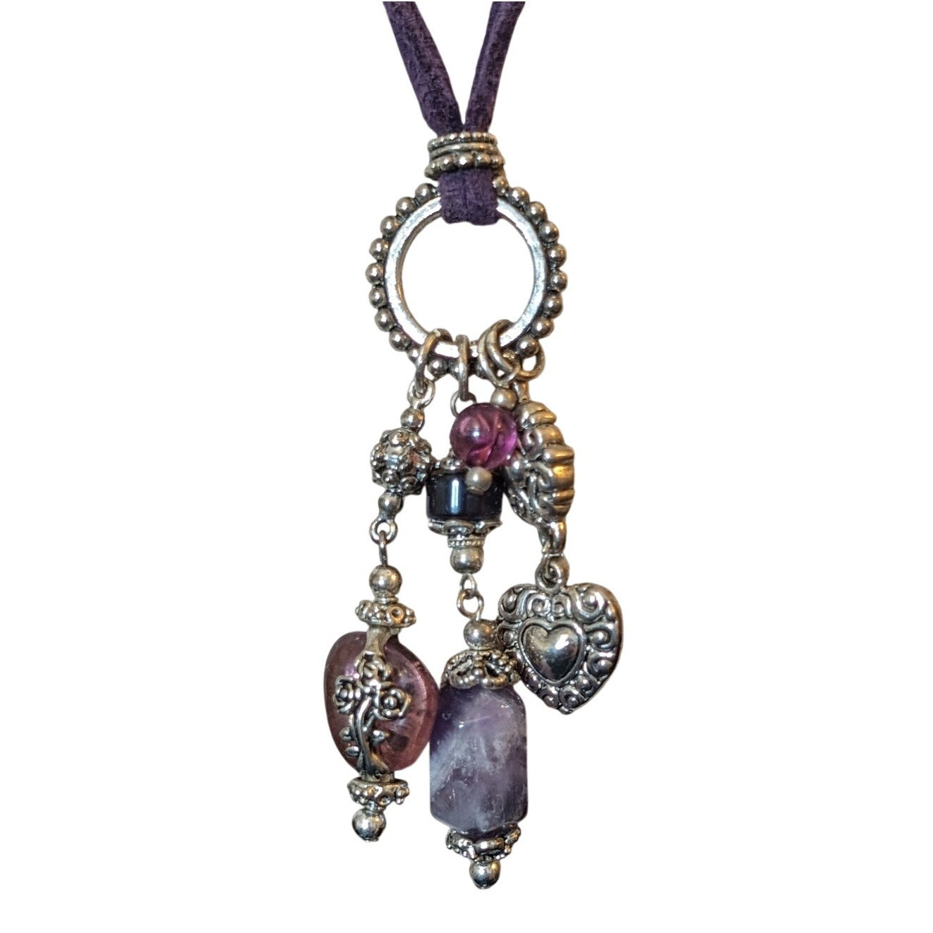 Vintage Purple Leather Bold Amethyst & Glass Silver Tone Charm Necklace