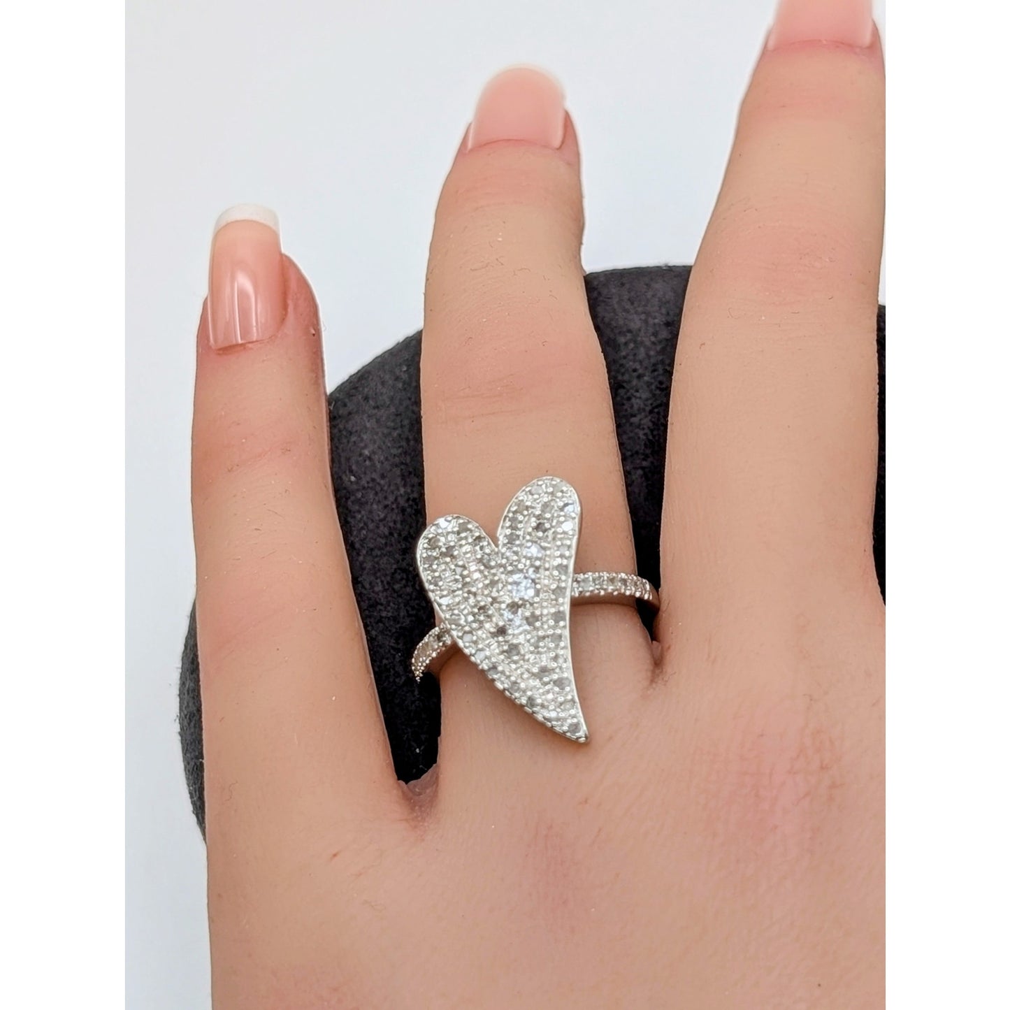 925 Sterling Tests as Diamond Pave Curved Heart Ring Size Between 6.75 & 7
