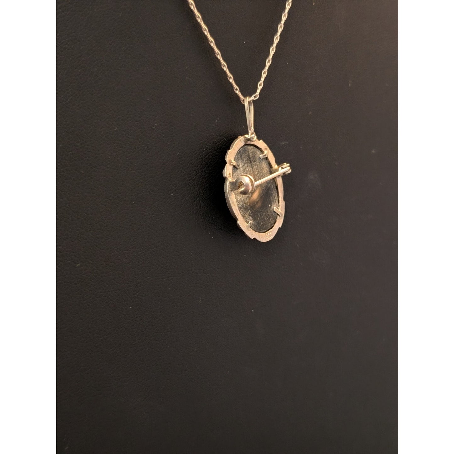 Antique Carved MOP Marcasite Cameo 800 Silver Pendant Pin Chain Necklace
