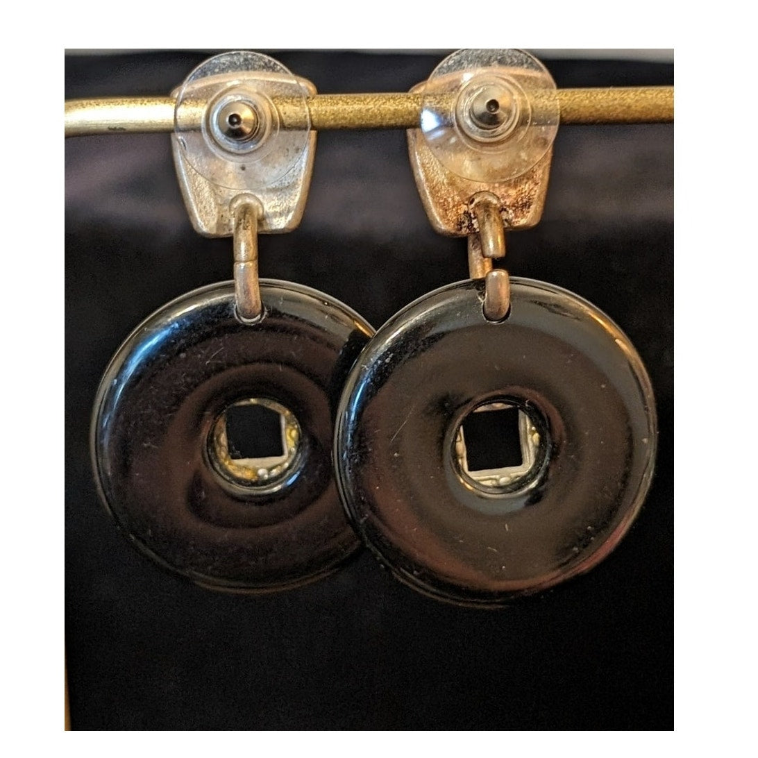 Chinese Coin Silver Tone Black Back Dangle Earrings