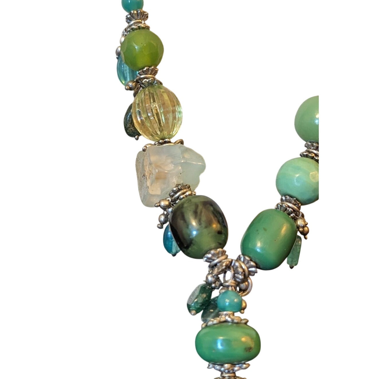 Green Multi-Shape and Color Beaded Silver Tone Tassel Necklace