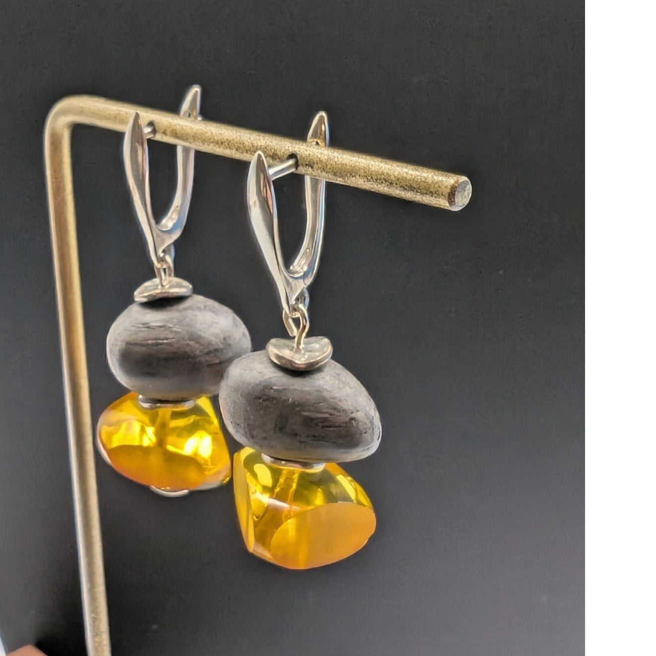 Silver Tone Gold Lucite Wood Bead Dangle Earrings