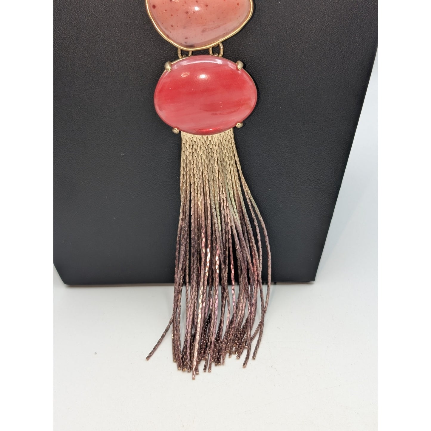Gold Tone Pull Chain Up to 36" Stone & Acrylic Ombre Tassel Fringe Long Necklace