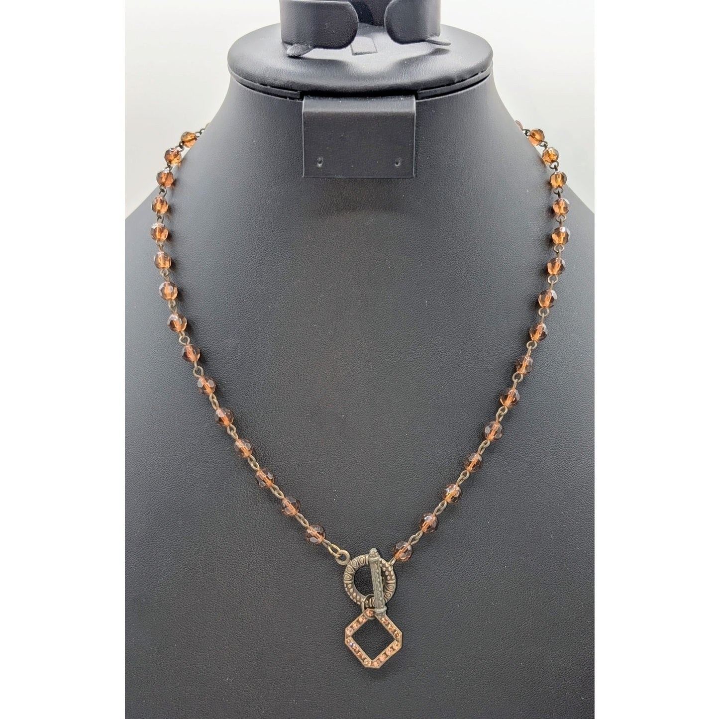Vtg Amber Color Czech Glass Bead Toggle Clasp Rhinestone Pendant 21" Necklace