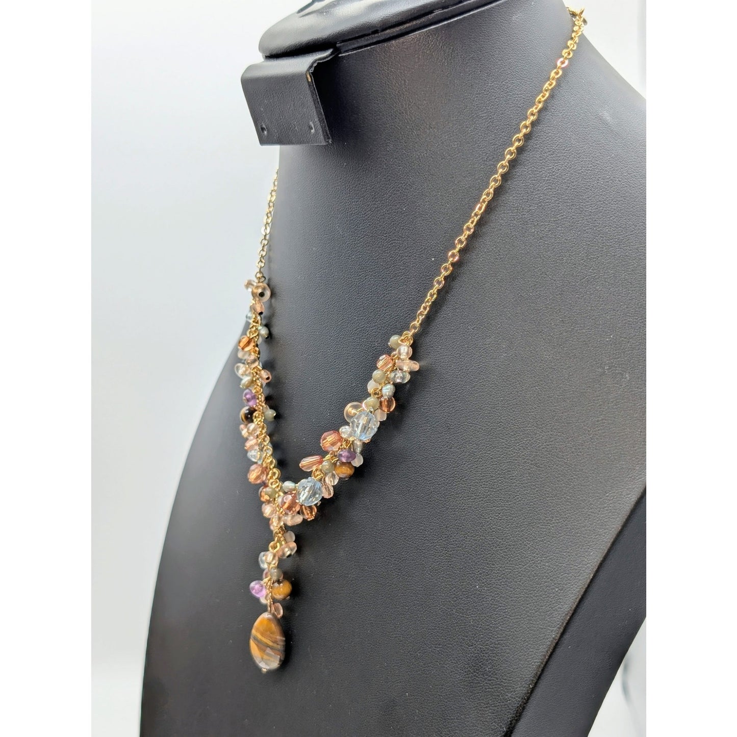 Vintage Avon Tiger's Eye Gold Tone Y Drop Cluster Beaded 16"-19" Necklace