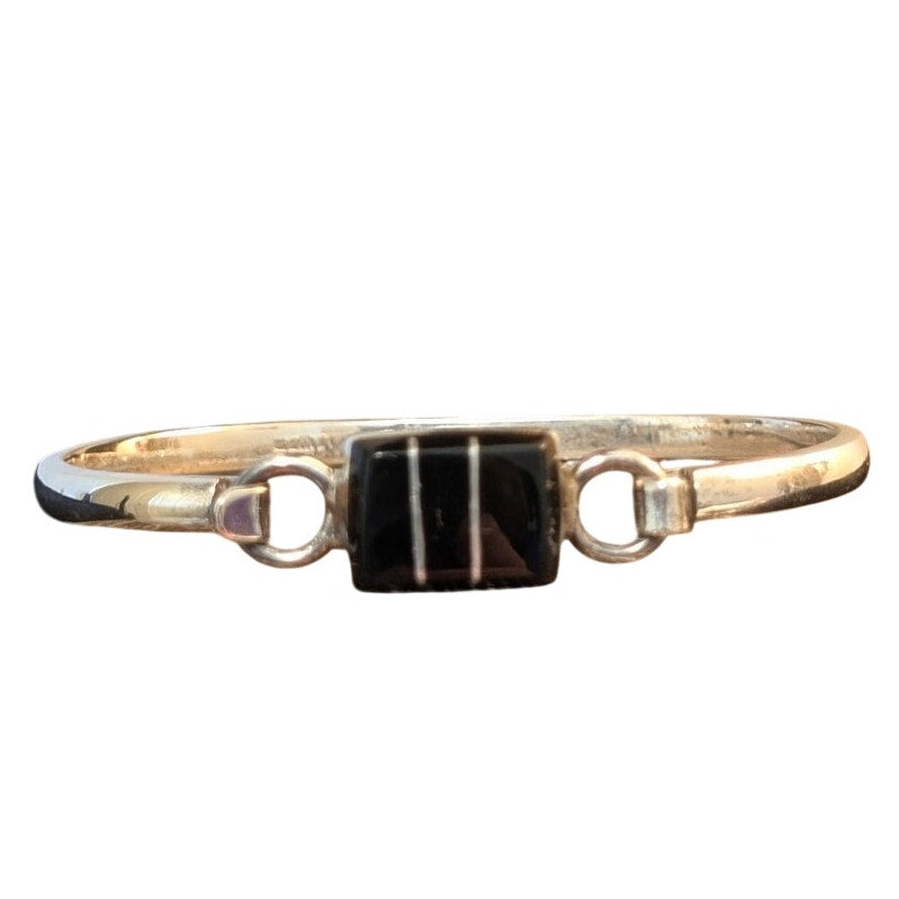 Mexico 925 Sterling Silver Black Onyx Silver Inlay Tension Clasp Bangle Bracelet