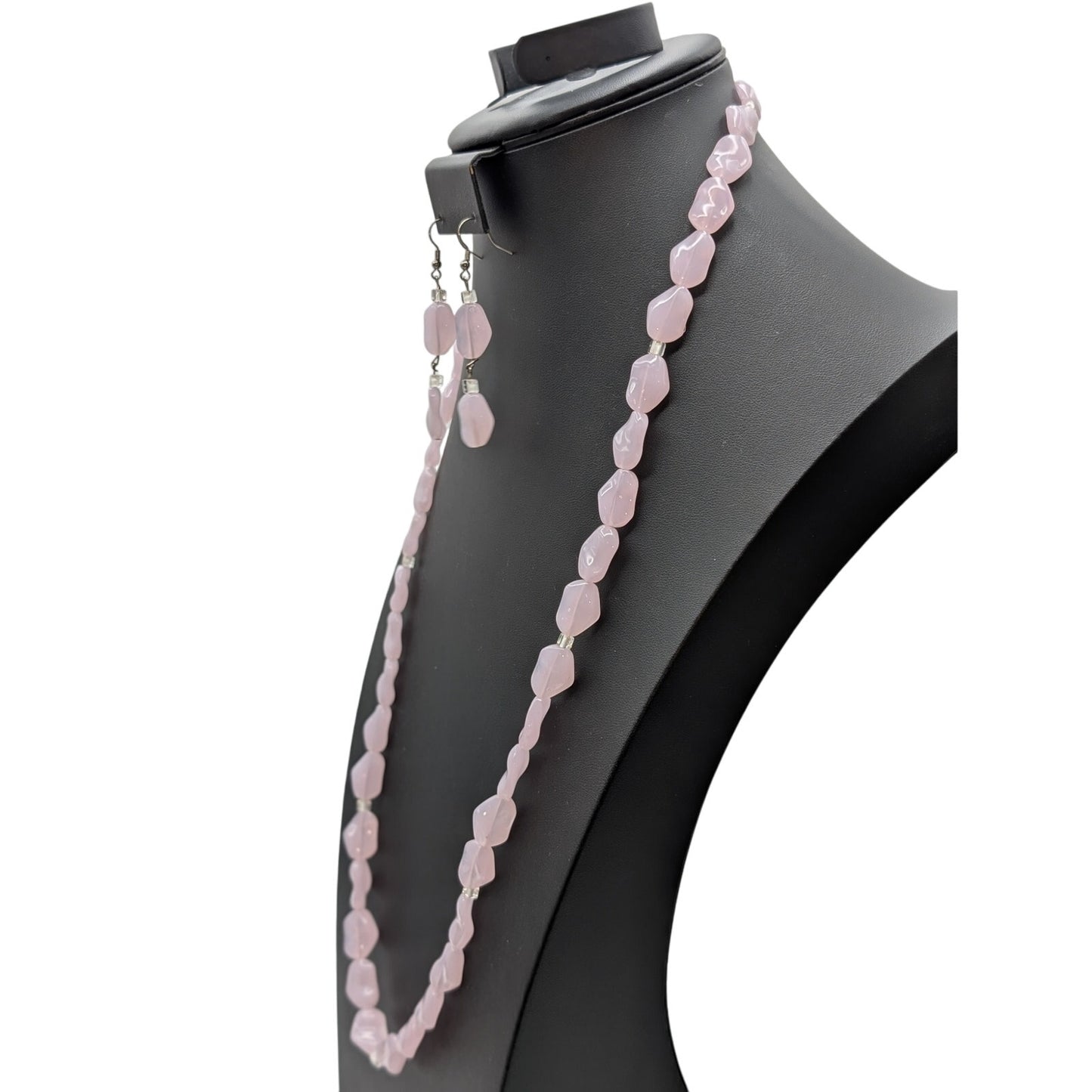 Petal Pink Glass & Square Crystal Bead 30" Necklace & 2.5" Dangle Earrings Set