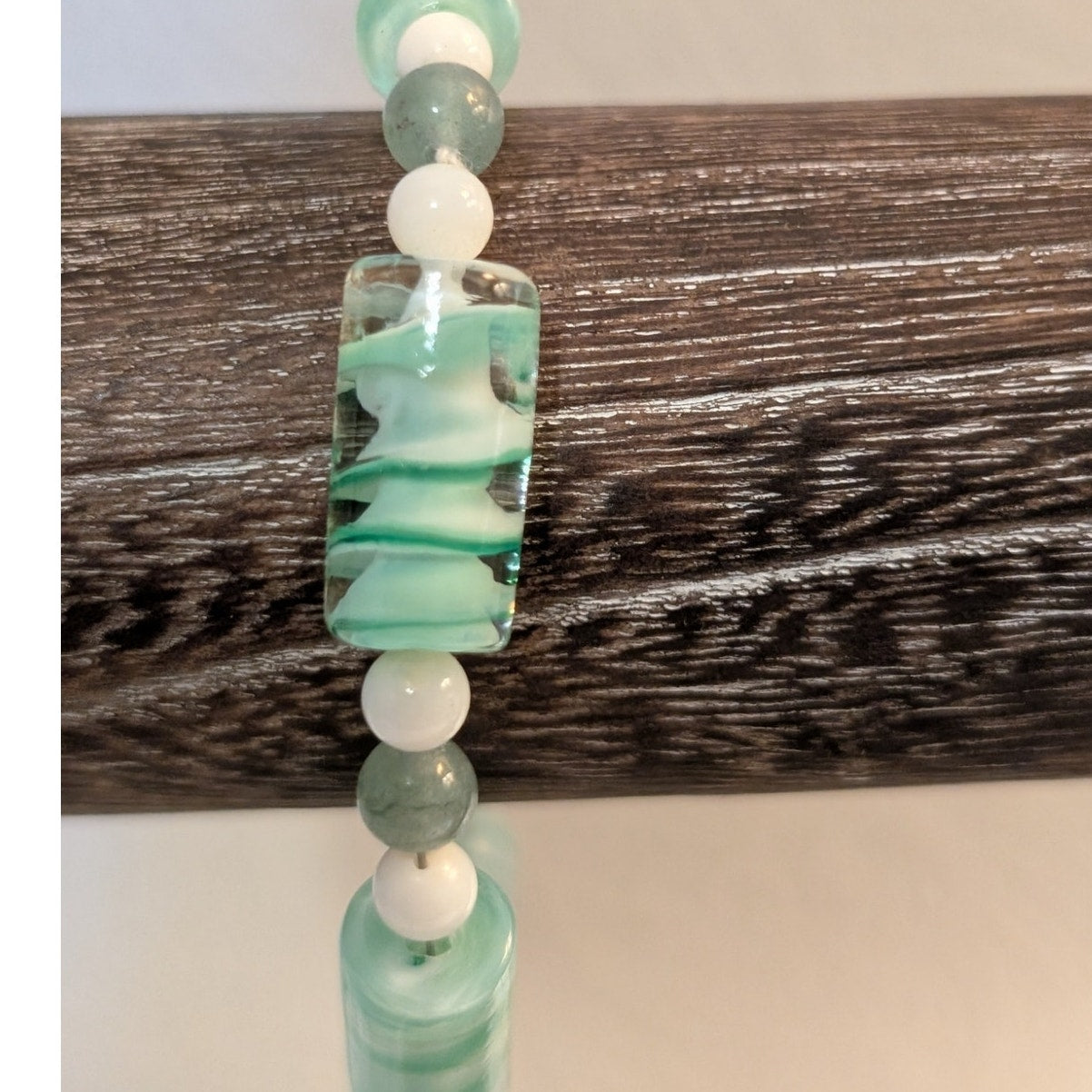 Glass Mint Green Lampwork Elongated Cylinder & Stone & Milk Glass Bead Bracelet