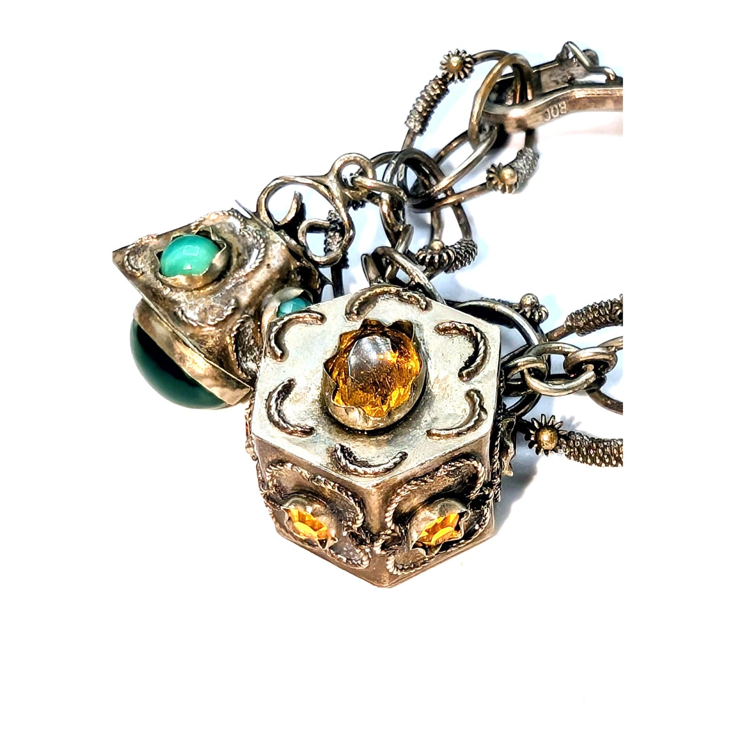 Antique Etruscan Revival 800 Silver Ornate Multi-Stone Charm Fob Bracelet
