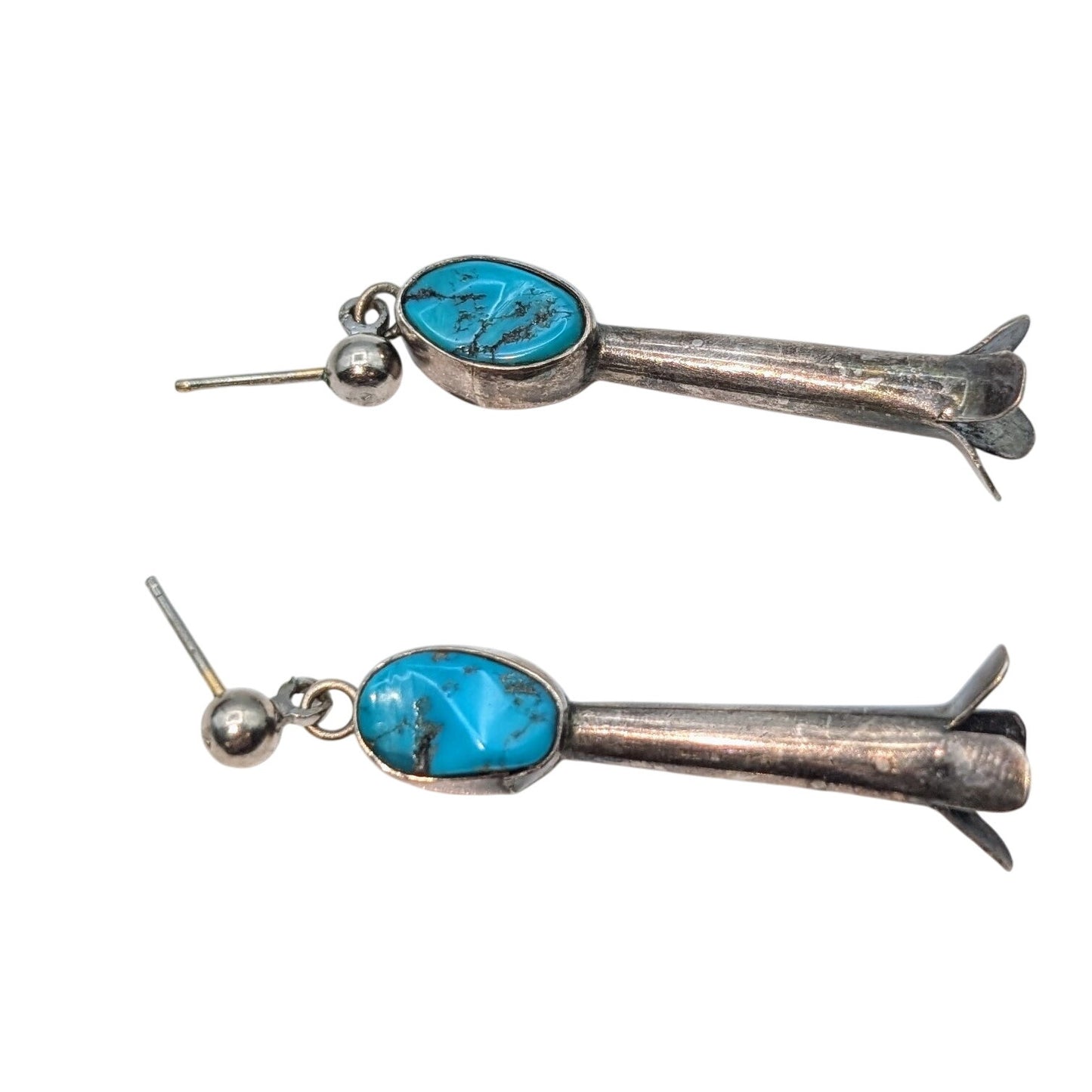 Vintage Turquoise 925 Sterling Silver Squash Blossom Dangle Pierced Earrings