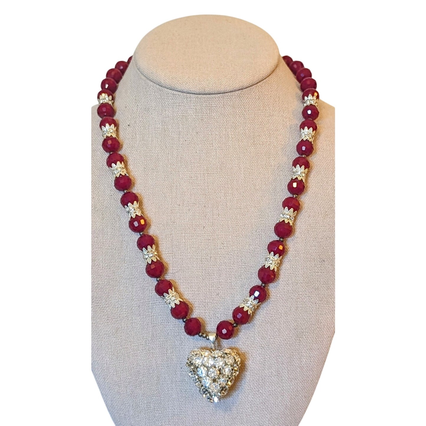 Deep Cranberry Red Cut Faceted Glass Bead and Rhinestone Heart Pendant Necklace