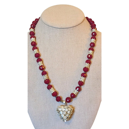 Deep Cranberry Red Cut Faceted Glass Bead and Rhinestone Heart Pendant Necklace